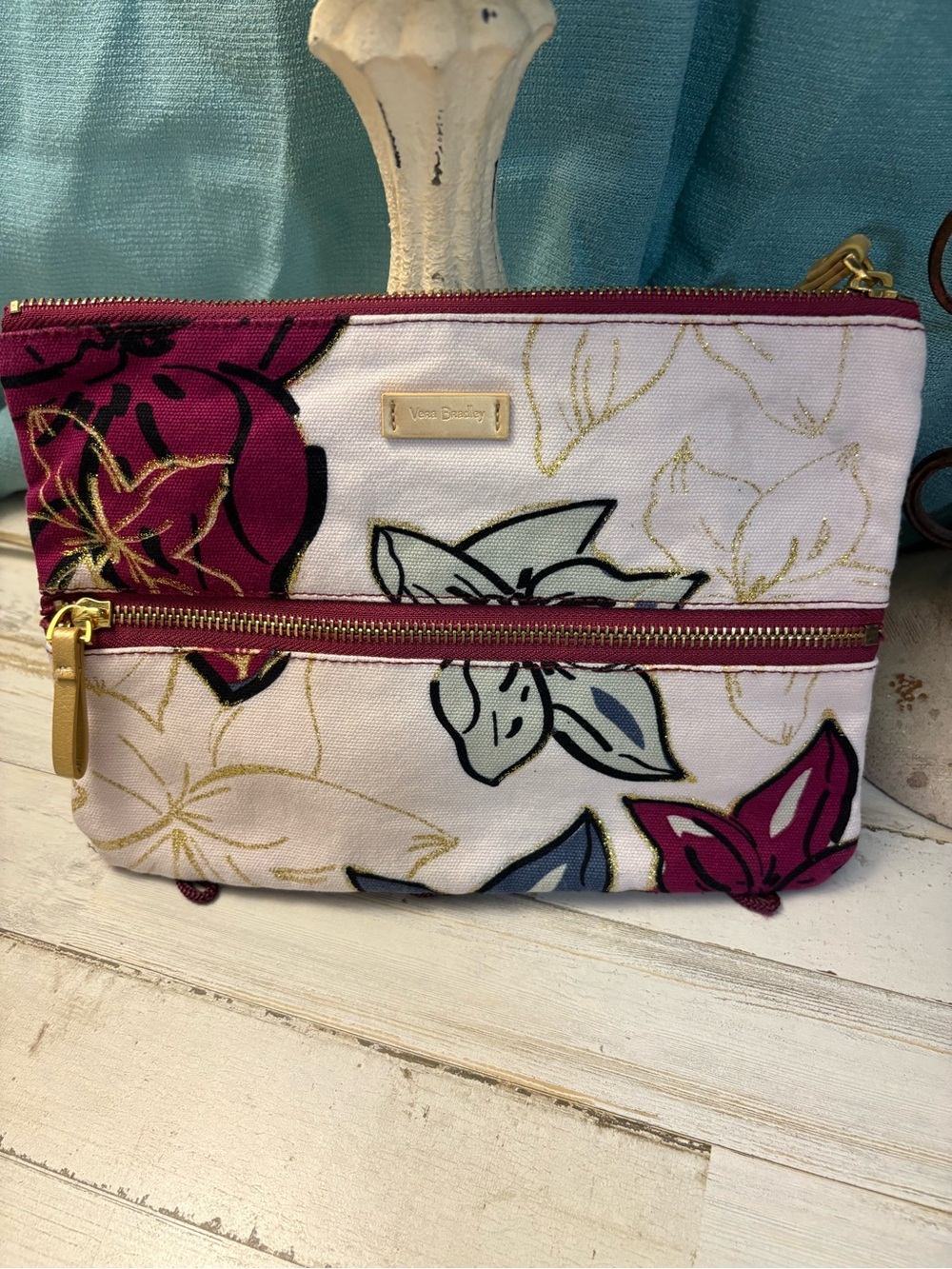 Vera Bradley Floral Double-Zip Wristlet in Pink, White & Blue
